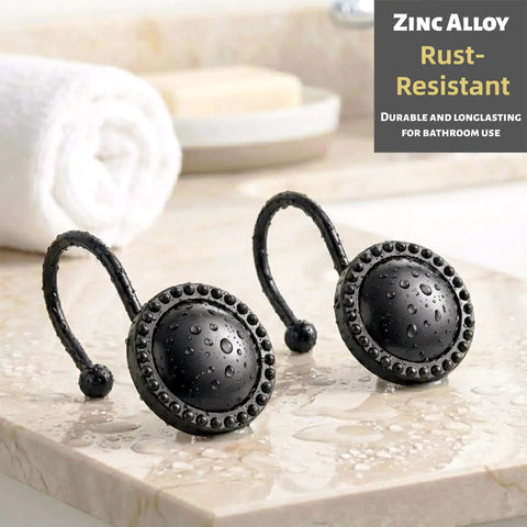 Heavy Duty Metal Shower Curtain Hooks 12 Pack, Rust-Resistant Zinc Alloy Circular Rings For Easy Glide, Durable Black Bathroom Hangers