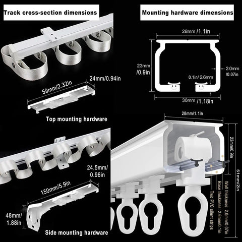 Heavy Duty Ripplefold Snap Track With Tape Set for Silent, Smooth Curtain Runs, Aluminum Rail, Fits 3.3ft to 19.7ft Lengths, Blackout Curtains Compatible, Ideal for Office or Home, White Finish, Durable Rail System; dimensions view