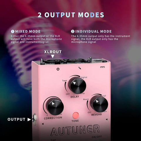 Autuner Vocal Effects Pedal with dual output modes and controls for pitch correction, delay, and reverb.