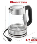 1.7L Electric Kettle For Tea And Water With Borosilicate Glass Body And Stainless Steel Water Path, No Plastic In Spout Or Filter