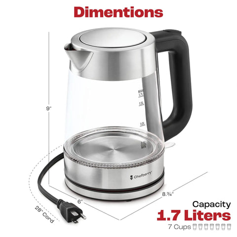 1.7L Electric Kettle For Tea And Water With Borosilicate Glass Body And Stainless Steel Water Path, No Plastic In Spout Or Filter