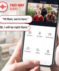 1080P Wired Video Doorbell For Real Home Security With 140 Degree Field Of View, Requires Existing Doorbell Wires, Not Battery Powered, 2-Way Audio, Local 128GB Storage Plus Cloud Backup, Remote Access, Night Vision, And iOS/Android App shown on smartphone app with two-way audio feature displayed.