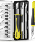 Ultimate 16 Piece Exacto Knife Set With Magnetic Storage Case For Crafting And Hobby Projects, precision blades and handles displayed