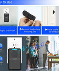 Installation steps for Wireless Door Chime Kit with 600 ft Range, showing plug, sensor, and use in home with music notes display.