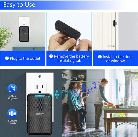 Installation steps for Wireless Door Chime Kit with 600 ft Range, showing plug, sensor, and use in home with music notes display.