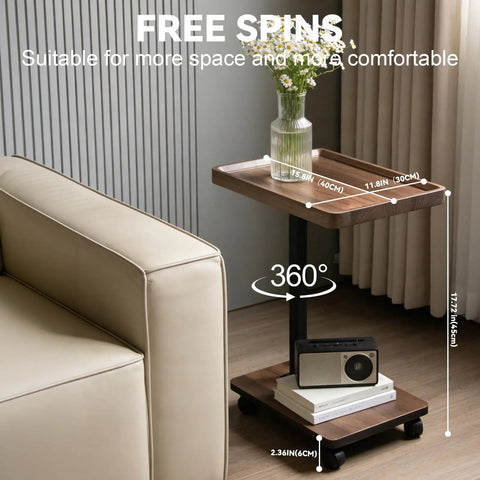 Slim C Shaped End Table With Adjustable Height And 360 Degree Swivel Mobile Laptop Desk And TV Tray On Wheels next to sofa