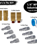 JACO 1/4 in NPT air fittings kit: front view with 2 female couplers, 2 male couplers, 4 female plugs, 4 male plugs, thread tape.