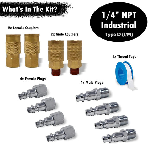 JACO 1/4 in NPT air fittings kit: front view with 2 female couplers, 2 male couplers, 4 female plugs, 4 male plugs, thread tape.