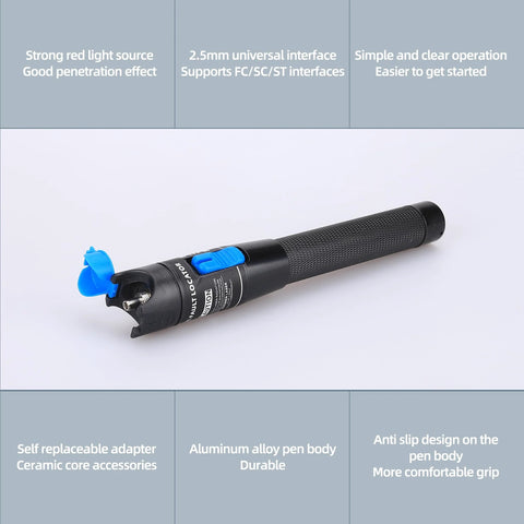 Side view of aluminum pen-type fiber optic VFL tester with blue cap and 2.5mm adapters
