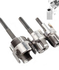 All In One Dual Function Pipe Thread Cutter Kit For Half Inch Three Quarter Inch And One Inch PVC Pipes With Internal And External Threading No Fuss Electric Drill Compatible Pipe Threader Set, showing three metal threading tools.
