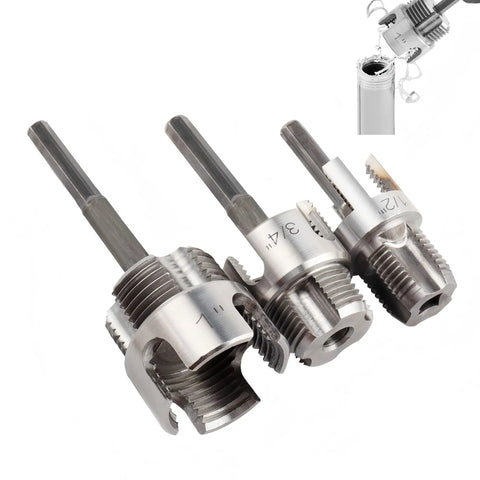 All In One Dual Function Pipe Thread Cutter Kit For Half Inch Three Quarter Inch And One Inch PVC Pipes With Internal And External Threading No Fuss Electric Drill Compatible Pipe Threader Set, showing three metal threading tools.