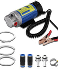 Heavy Duty DC 12V 100W Oil Extractor Pump With Straight Plug In Self Priming Motor and Low Noise Design with clips and fittings.