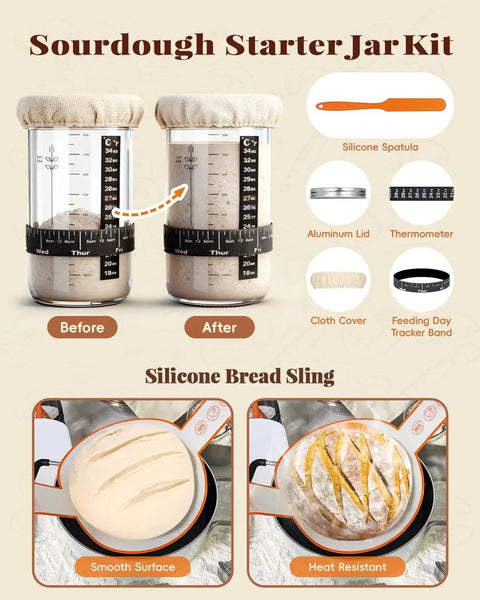 All In One Sourdough Starter Kit For Beginners With Manual Included Complete Bread Baking Supplies kit showing starter jar and accessories