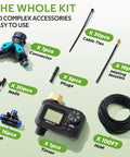 All In One No Fuss 360 Degree Drip Irrigation System Kit With Timer And 100 Feet Of Quarter Inch Tubing parts layout