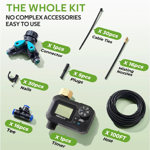 All In One No Fuss 360 Degree Drip Irrigation System Kit With Timer And 100 Feet Of Quarter Inch Tubing parts layout