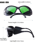 Pro Grade Laser Safety Glasses With Broad Spectrum Shield 190nm to 1200nm shown with size dimensions, green lenses.