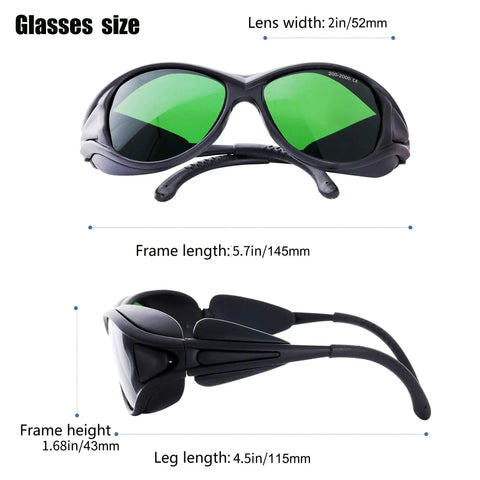 Pro Grade Laser Safety Glasses With Broad Spectrum Shield 190nm to 1200nm shown with size dimensions, green lenses.
