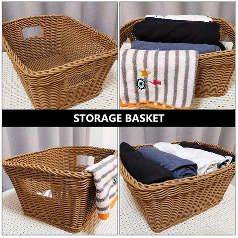 Large Woven Storage Basket With Handles For Laundry Bedroom And Bathroom Rustic Rattan Look Versatile Storage Bin, filled with towels