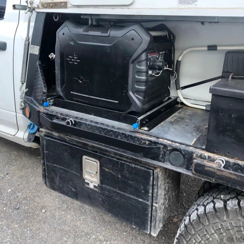 Beefy Heavy Duty 48 Inch Locking Drawer Slides 260 Lb Capacity with toolbox on truck bed, full extension visible.
