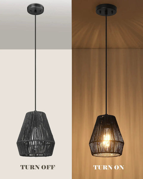 7 Inch Handwoven Rattan Pendant Light With Matte Black Basket Shade, Modern Boho Farmhouse Coastal Ceiling Lamp shown on and off