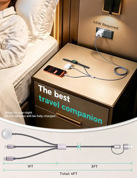 All In One Travel Charging Dock For Watch And Phone With 3 In 2 Cable on a nightstand charging iPhone and Apple Watch