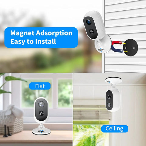 2K Outdoor Wireless Battery Powered Camera with 5200mAh Dual Batteries, IP66 Waterproof mounted on wall, desk, and ceiling.