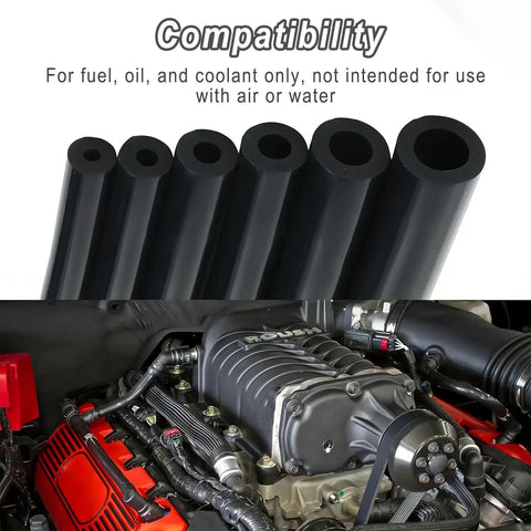 Six black silicone hoses from All In One Vacuum Hose Kit With Six Five Foot Hoses And 64 Connectors shown near engine