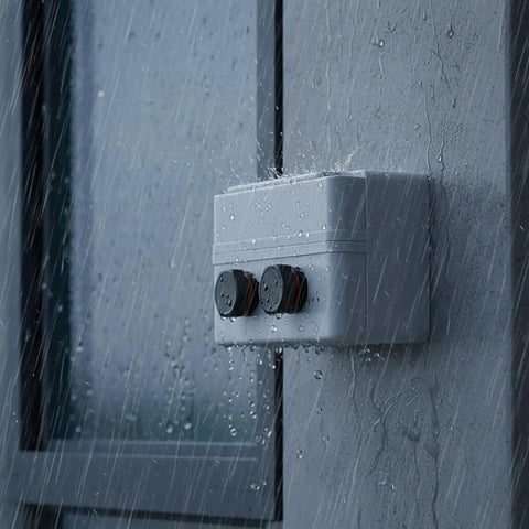 Grey enclosure with eight pack black IP68 waterproof industrial breather vents with M12x1.5 pressure equalization valves in rain.
