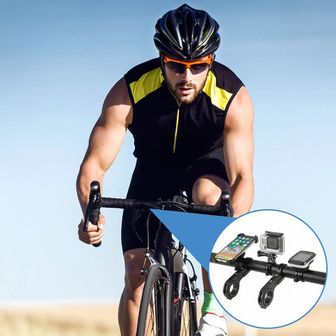 Cyclist using 11.81 Inch Aluminum Bike Handlebar Extender Mount Bar Riser with gadgets attached for all bikes and scooters.