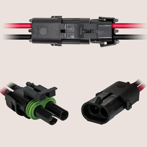 Weatherproof 12 AWG 2 Wire Connector Kit With 10 Inch Pre Wired Wires Assembled For Easy Install Waterproof And Dirtproof Vibration Resistant Temperature Tolerant From Negative Forty To Two Hundred Fifty Degrees F Made In USA black 2-wire connector with green seal