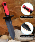 Heavy Duty Double Serrated Edge Digger with ergonomic grip and sheath, shown with soft rubber handle and blade detail on rocks