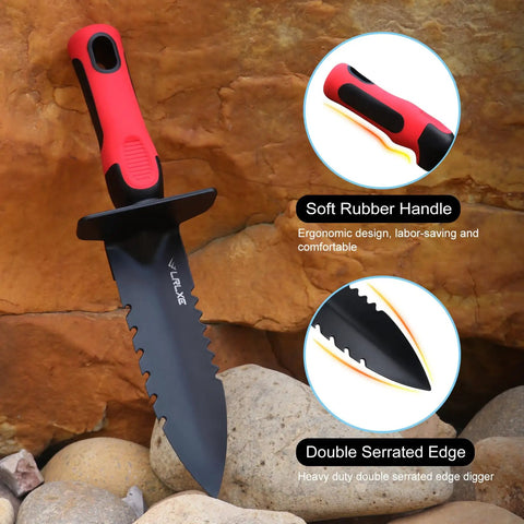 Heavy Duty Double Serrated Edge Digger with ergonomic grip and sheath, shown with soft rubber handle and blade detail on rocks