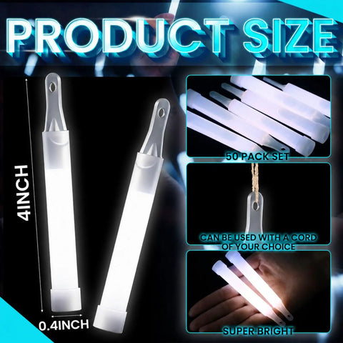 Bulk 50 Pack White Glow Sticks 4 Inch Long Ultra Bright Lasting 8 To 12 Hours with product size details and usage