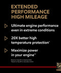 Mobil 1 Extended Performance High Mileage motor oil 5W-30, 5 qt — black promotional graphic with gold headings and Mobil 1 logo