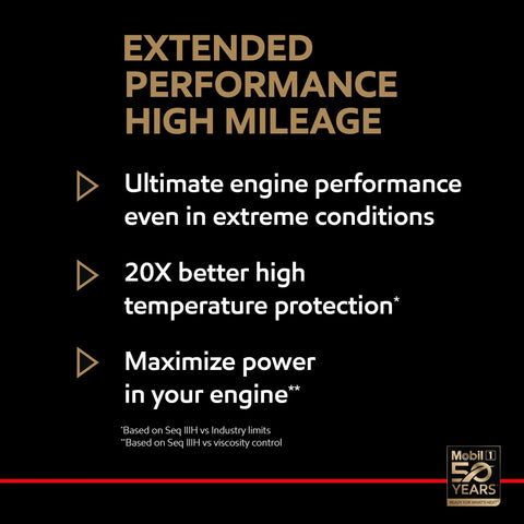 Mobil 1 Extended Performance High Mileage motor oil 5W-30, 5 qt — black promotional graphic with gold headings and Mobil 1 logo