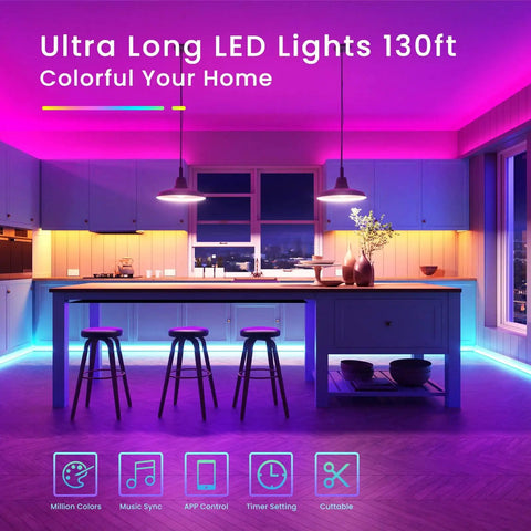 Ultra Long 130 Ft Bluetooth LED Strip Lights With RGB Color Changing Music Sync in modern kitchen ambiance