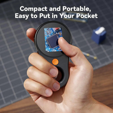 Pocket Size Handheld Digital Microscope With 1080P HD And 500X Magnification, 2MP Lens, 2.0 Inch Screen, 8 LED Lights, USB C Cable, Great For Kids And Adults To Explore Insects And Plant Details On The Go. compact handheld microscope in hand showing circuit board detail