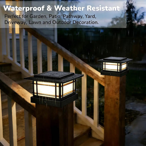 Boss Tier 4X4 Solar Post Cap Lights With Slick Black Shield And Dual Tone LED Panels For Vinyl Or Wooden Fences To Brighten Your Garden Deck Patio Area Daily on wooden posts
