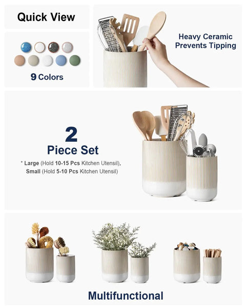 Two Piece Ceramic Utensil Holder Set For Kitchen Counter With Fluted Warm White Glaze Large 7.3 Inch And Small 5.4 Inch Crocks With Utensils