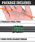 DIY Fishing Rod Repair Kit With Winding Machine And Adjustable Rack Including Epoxy Resin Adhesives Wrapping Thread Tape Brushes Scissors Sandpaper close-up showing stainless steel tube and green thread.