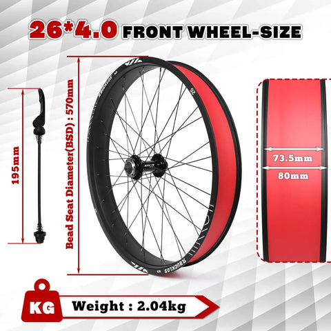 26X4.0 Fat Tire Front Wheel For Mountain Bike With 135mm Hub And 9mm Quick Release Aluminum Alloy Disc Brake 36 Spokes 14G
