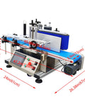 Quick Turnaround Automatic Round Bottle Labeler Processes Twenty To Two Hundred Units Per Minute on a conveyor, showing dimensions.