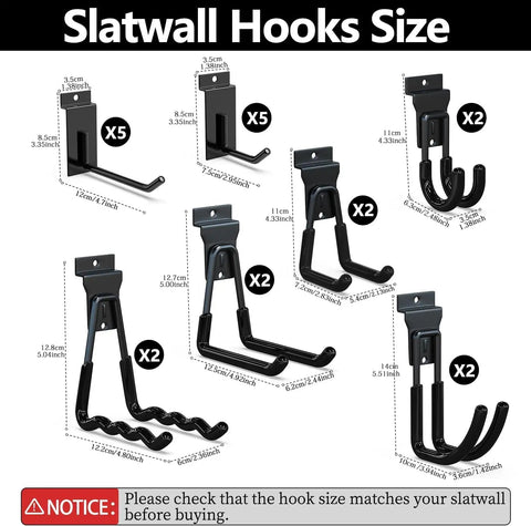 Heavy Duty Slatwall Hooks 20 Pack With Beefed Up Backplate in various sizes for slatwall systems, black garage storage organizer