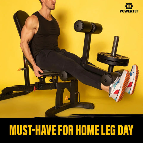 Man using Leg Lift Curl Attachment For Your Workout Bench With 200 Lb Capacity Leg Extension And Curl Combo for strength training