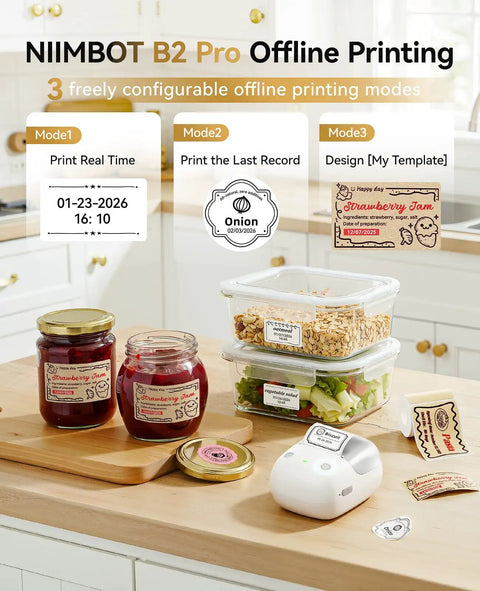 B2 Pro Label Maker With Bluetooth, 300 DPI Sticker Printer displayed in a kitchen, showcasing labels on jars and containers.