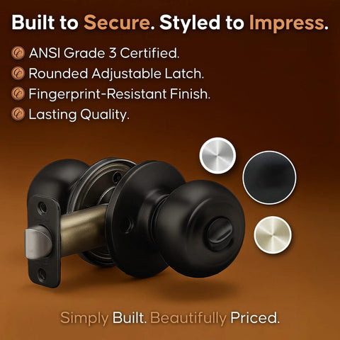 Privacy Interior Door Knob Set Matte Black Reversible For Bedroom Bathroom And Closet Heavy Duty ANSI Grade 3 features