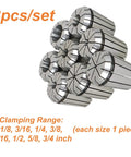 Get Serious About Precision With This Sweet 8 Piece ER32 Spring Collet Set Ranging From One Eighth Inch All The Way Up To Three Quarters, showing eight collets.