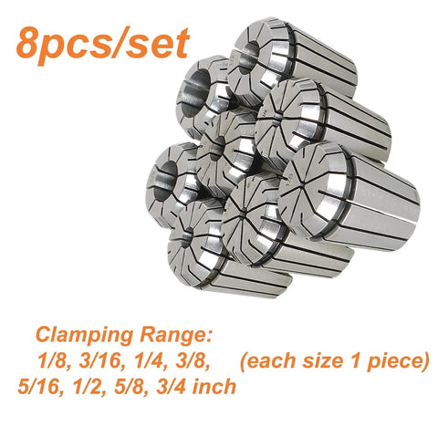 Get Serious About Precision With This Sweet 8 Piece ER32 Spring Collet Set Ranging From One Eighth Inch All The Way Up To Three Quarters, showing eight collets.