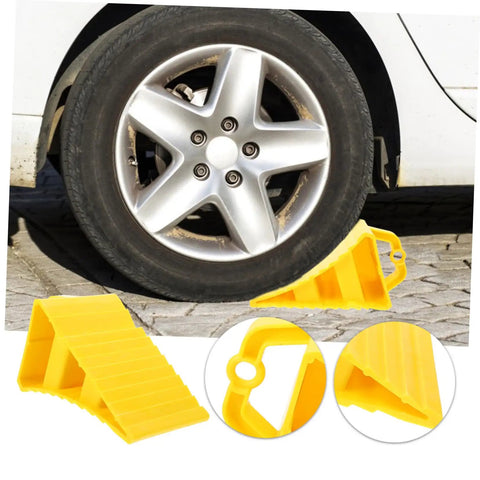 2 Pack Heavy Duty Rubber Wheel Chocks positioned against vehicle tire, showcasing sturdy yellow design and grip treads.