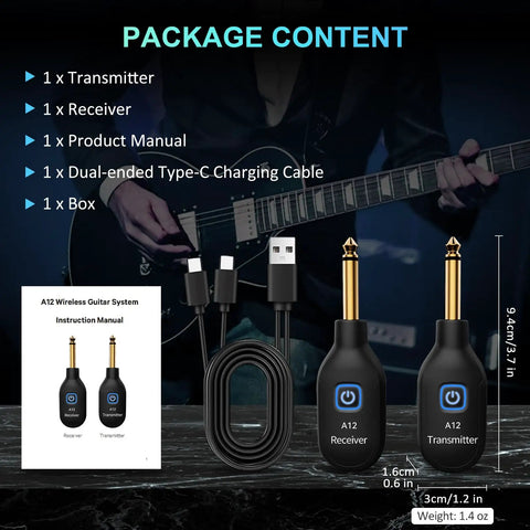 2.4GHz Wireless Guitar Transmitter And Receiver Set package contents with charging cable and manual